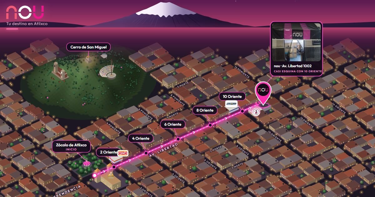 Mapa: del Zócalo de Atlixco a nou, 4 cuadras en línea recta por Av. Libertad